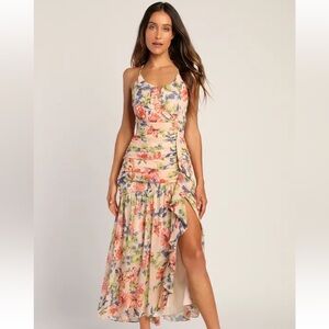 Stunning Soiree Blush Pink Floral Print Ruched Midi Dress